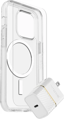 Otterbox Protection+Power Kit (Symmetry+ with MagSafe Clear avec Trusted Glass et Chargeur Mural 20W Blanc) pour iPhone 14 Pro Max | WOW! mobile boutique