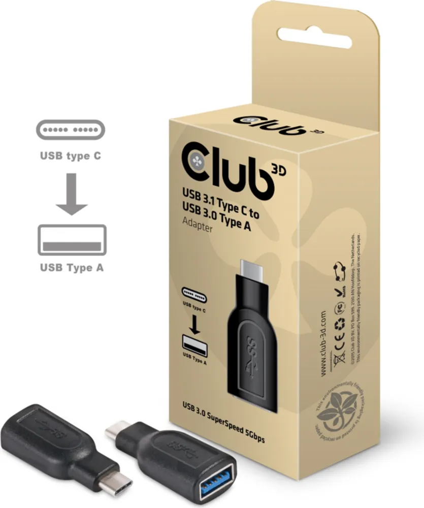 Club3D Adaptateur USB-C 3.1 Gen 1 Mâle vers USB 3.1 Gen 1 Femelle Noir | WOW! mobile boutique