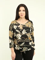 V-Neck Floral & Leaf Print Top