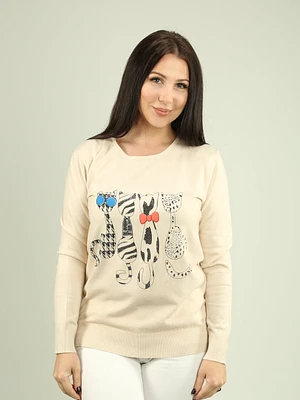 Rhinestone Embellished Cat Pattern Knit Sweater