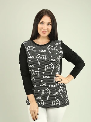 Cat & Text Motif Top