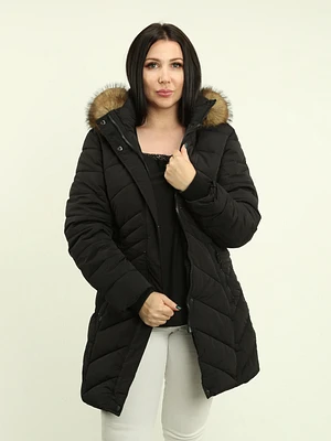 Chevron Quilted Faux Fur Hooded Coat