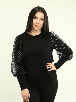 Diamond Pattern Mesh Overlay Sleeve Sweater