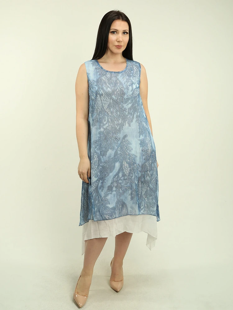 Sleeveless Printed Mesh Overlay Dress