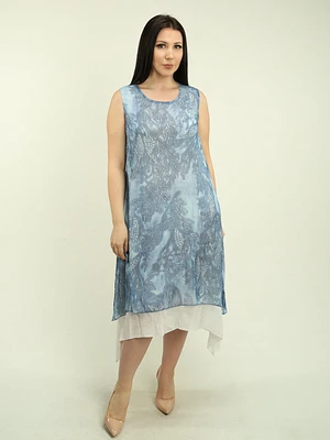 Sleeveless Printed Mesh Overlay Dress
