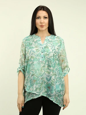 Notch-Neck Half Button Printed Blouse