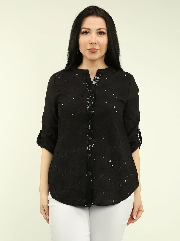 Eyelet & Sequin Roll Sleeve Blouse