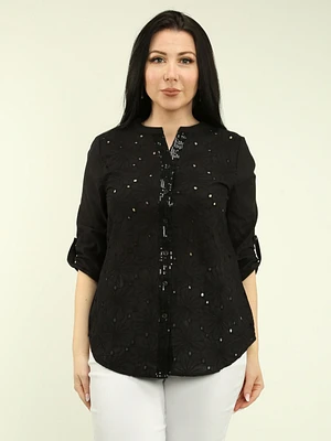 Eyelet & Sequin Roll Sleeve Blouse