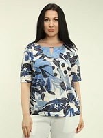 Tropical Leaf Print Keyhole Burnout Top