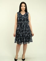 V-Neck Floral Mesh Ruffled Dress