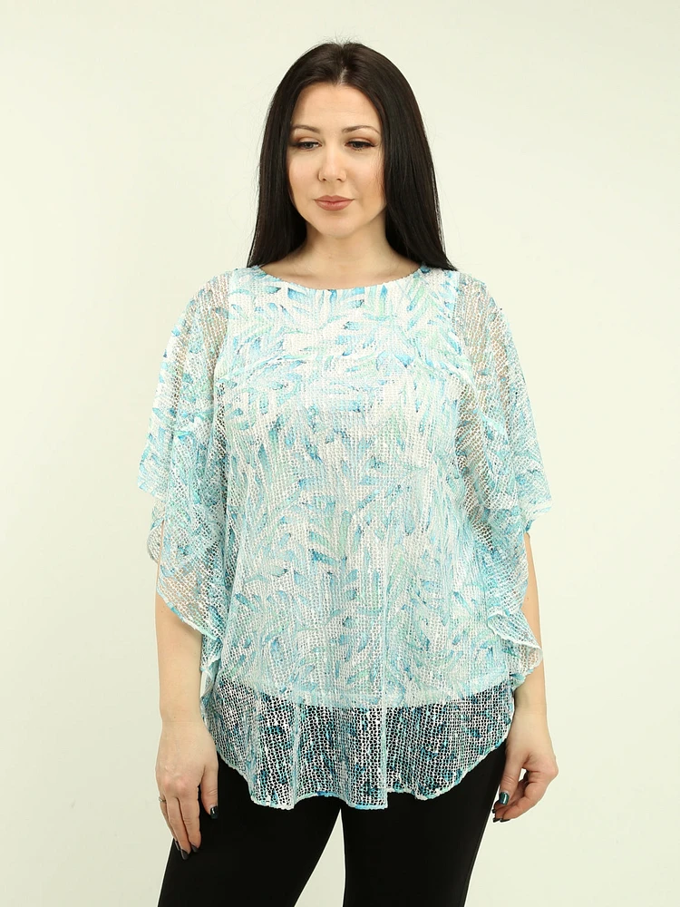 Batwing Mesh Printed Overlay Top