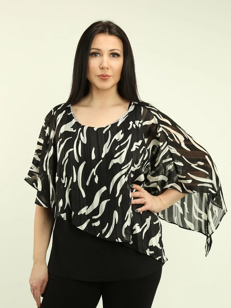 Abstract Print Chiffon Overlay Top