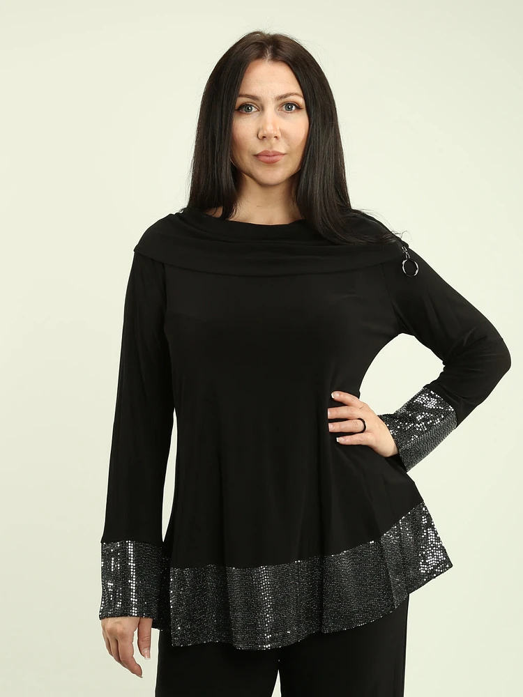 Cowl Neck Sequin Trim Top