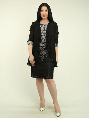 Embroidered Mesh Lace Dress with Cardigan Set