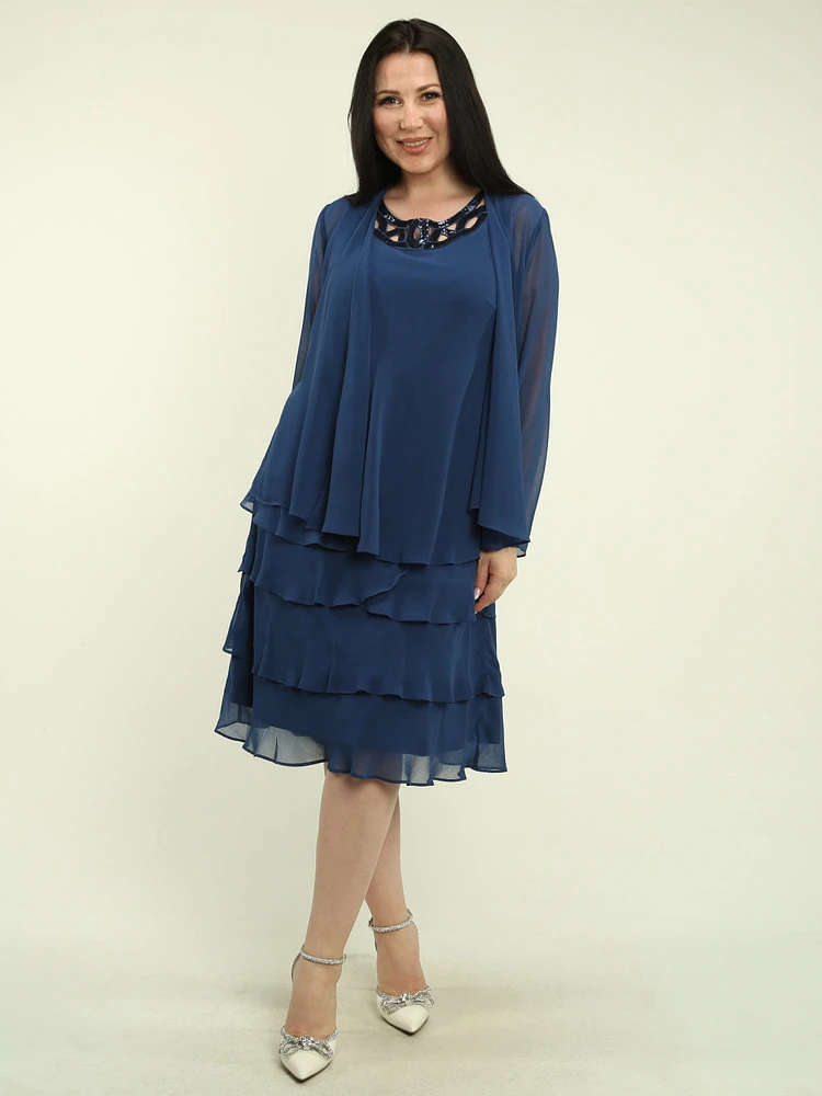 Chiffon Ruffled Dress with Cardigan Set
