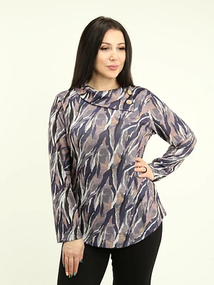 Button-Detail Asymmetric Collar Print Top