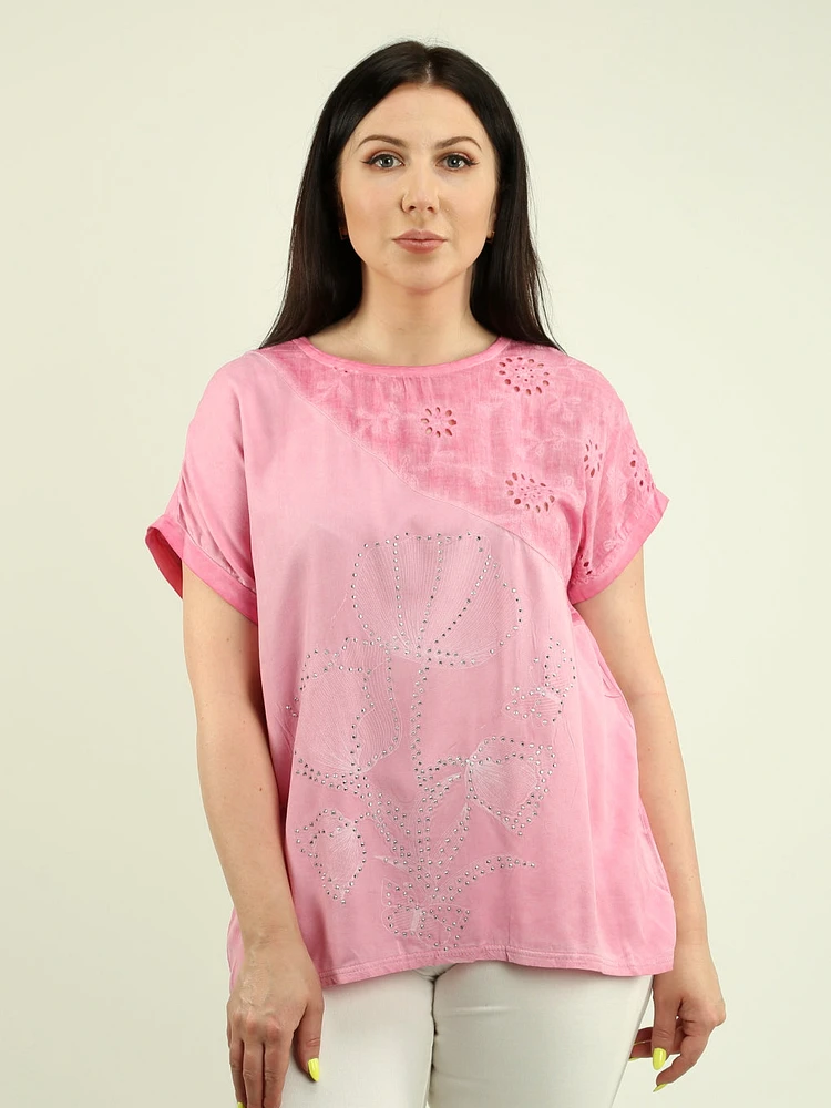 Rosy Rhinestone Floral Tee