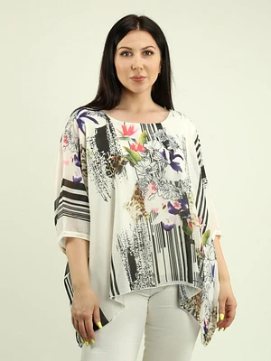 Asymmetrical Floral and Animal Print Blouse