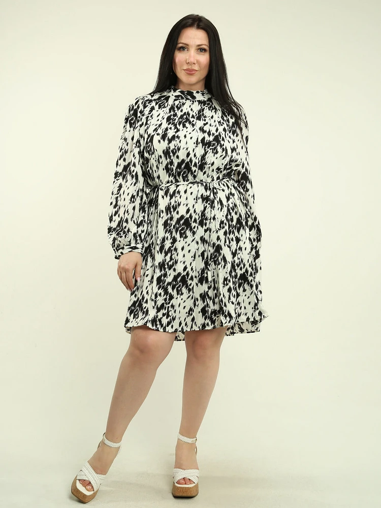 Abstract Pleated Tie Waist Dress