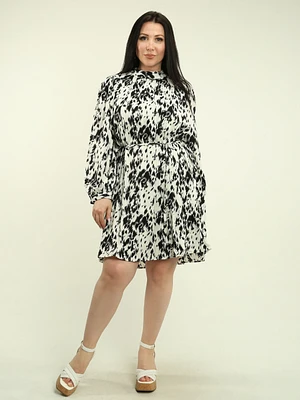 Abstract Pleated Tie Waist Dress