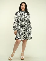 Abstract Pleated Tie Waist Dress