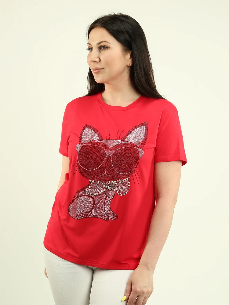 Embellished Cat with Sunglasses & Bow Tie Tee