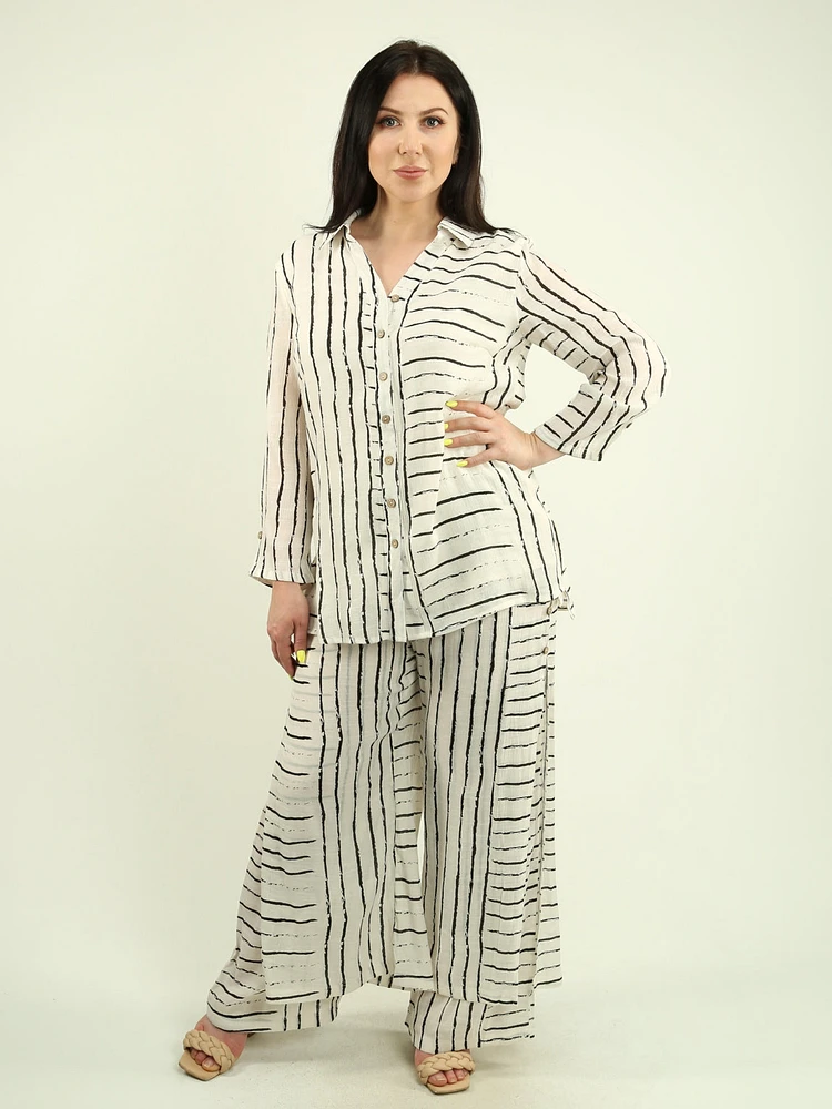 Stripe Gauze Shirt and High-Rise Pants 2-Piece Set