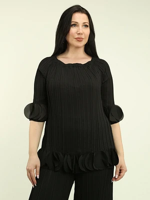 Pleated Boat Neck Fringe Top