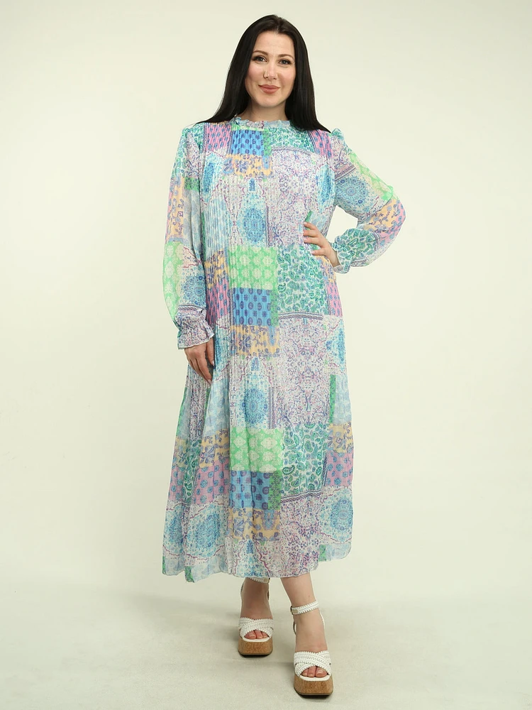 Patchwork Chiffon Pleated Maxi Dress