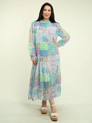 Patchwork Chiffon Pleated Maxi Dress