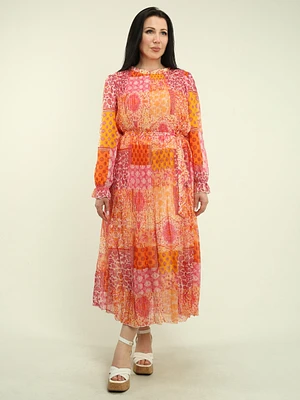Patchwork Chiffon Pleated Maxi Dress