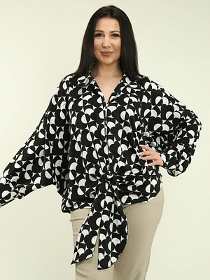 Geometric Batwing Sleeve Tie-Front Blouse