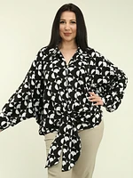 Geometric Batwing Sleeve Tie-Front Blouse