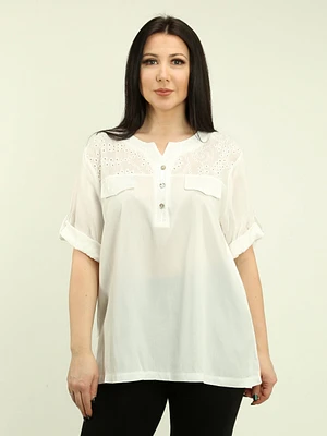 Roll Sleeves Sequin & Eyelet Blouse