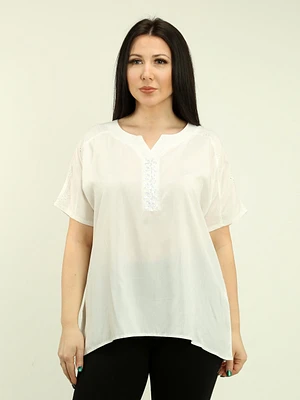 Notch Neck Sequin & Eyelet Blouse
