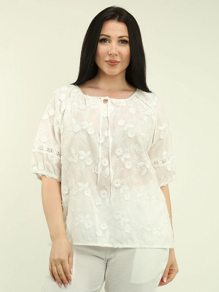 Floral Embroidered Tie Neck Blouse