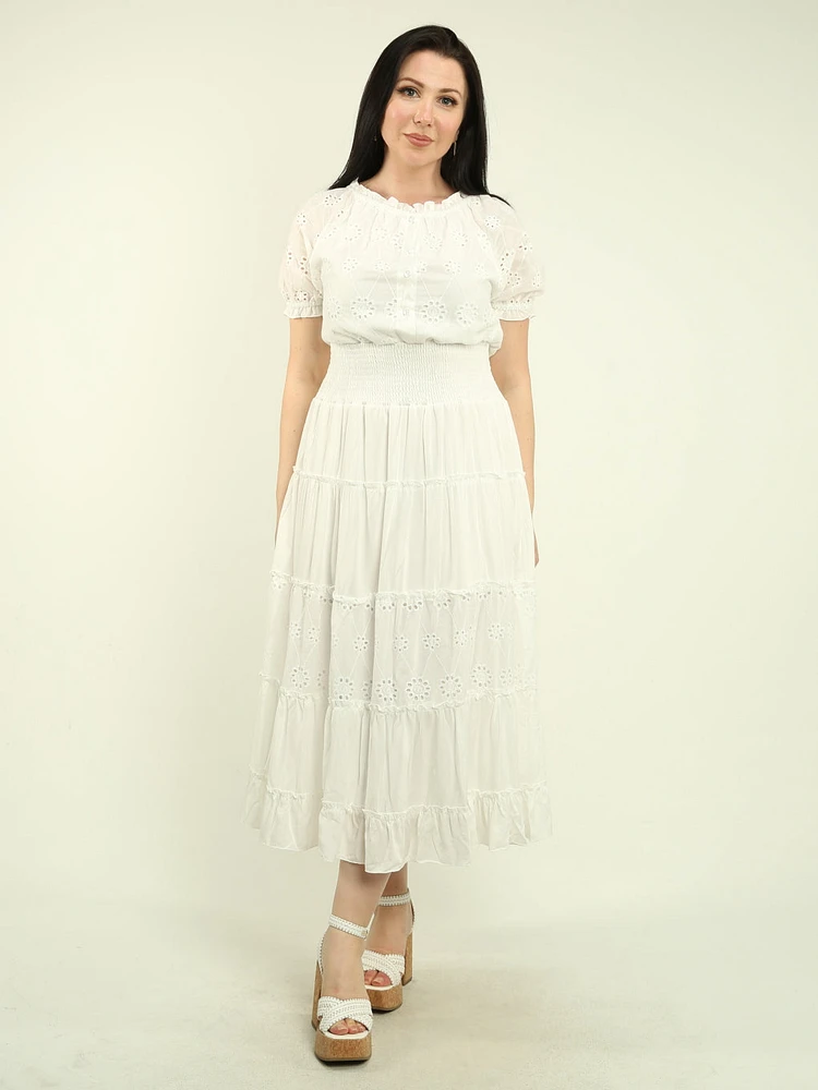 Ruffle Eyelet Smocked Waist Maxi Dress