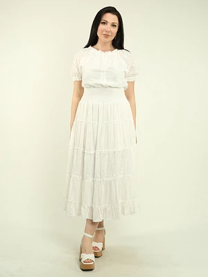 Ruffle Eyelet Smocked Waist Maxi Dress