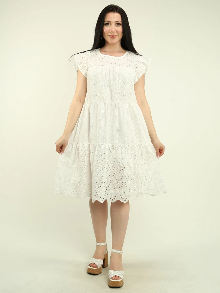 Ruffle Sleeve Eyelet Tiered Dress