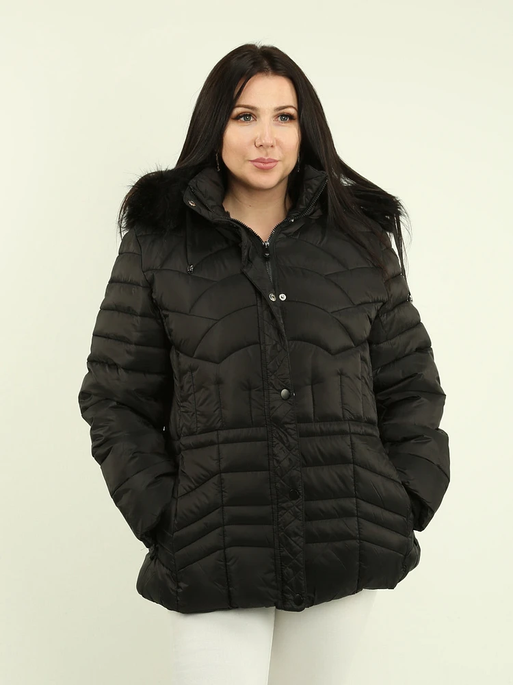 Faux Fur Detachable Hooded Quilted Short Coat