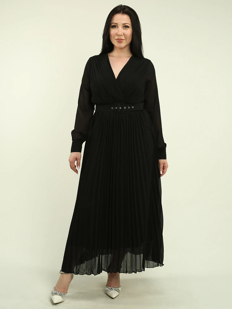 Belted Chiffon Pleated Maxi Dress