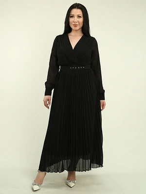 Belted Chiffon Pleated Maxi Dress