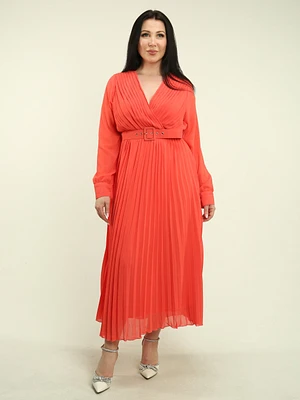 Belted Chiffon Pleated Maxi Dress
