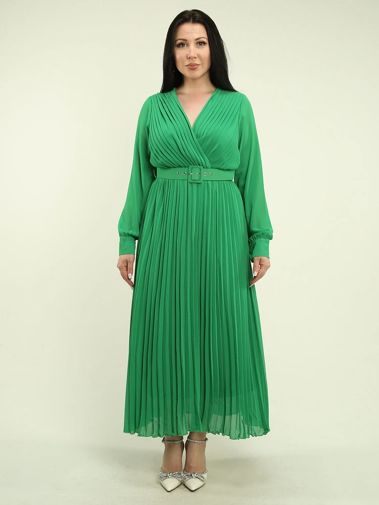 Belted Chiffon Pleated Maxi Dress