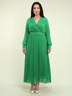 Belted Chiffon Pleated Maxi Dress