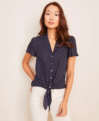 Ann Taylor Dot Notched Collar Tie Front Top Size Medium Night Sky Women's