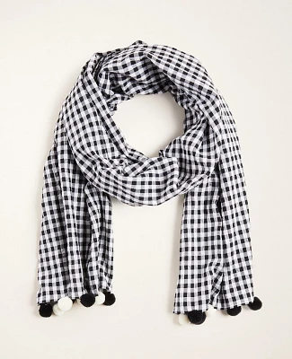 Ann Taylor Gingham Pom Pom Scarf Black Women's