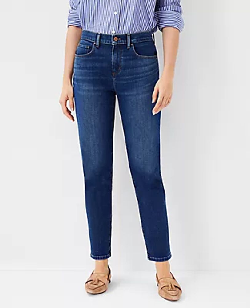 Petite Sculpting Pocket Mid Rise Taper Jeans in Classic Indigo Wash Ann Taylor Women Clothing Jeans Tapered Jeans 