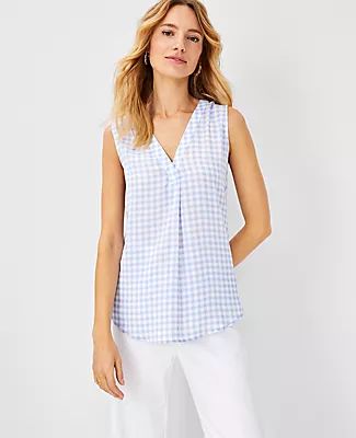 Ann Taylor Plaid Mixed Media Pleat Front Top