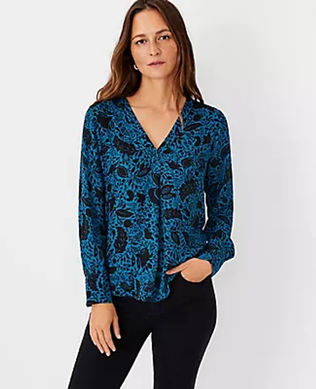 Ann Taylor Petite Floral Mixed Media Pleat Front Top